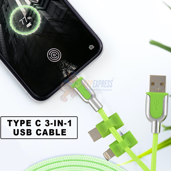 Tzumi Electric Candy 3 in 1 iPhone Type C Micro USB Cable in Green