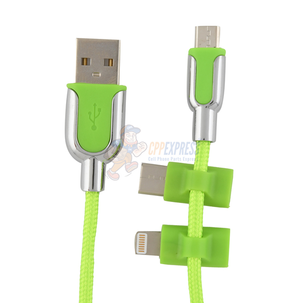 Tzumi Electric Candy 3 in 1 iPhone Type C Micro USB Cable in Green