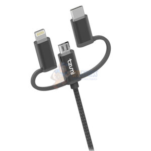 Tzumi Hyper Charge Multi USB 3 in 1 Lightning Micro Type C Cable Black